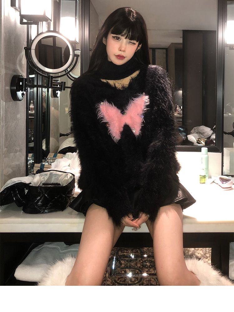 芭比姨蝴蝶毛衣女2023秋冬新款慵懶風寬鬆外穿馬海毛針織上衣