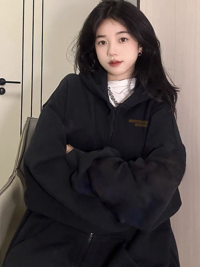 港風chic古着黑色連帽衛衣女冬季加絨加厚銀狐絨保暖外套開衫潮流