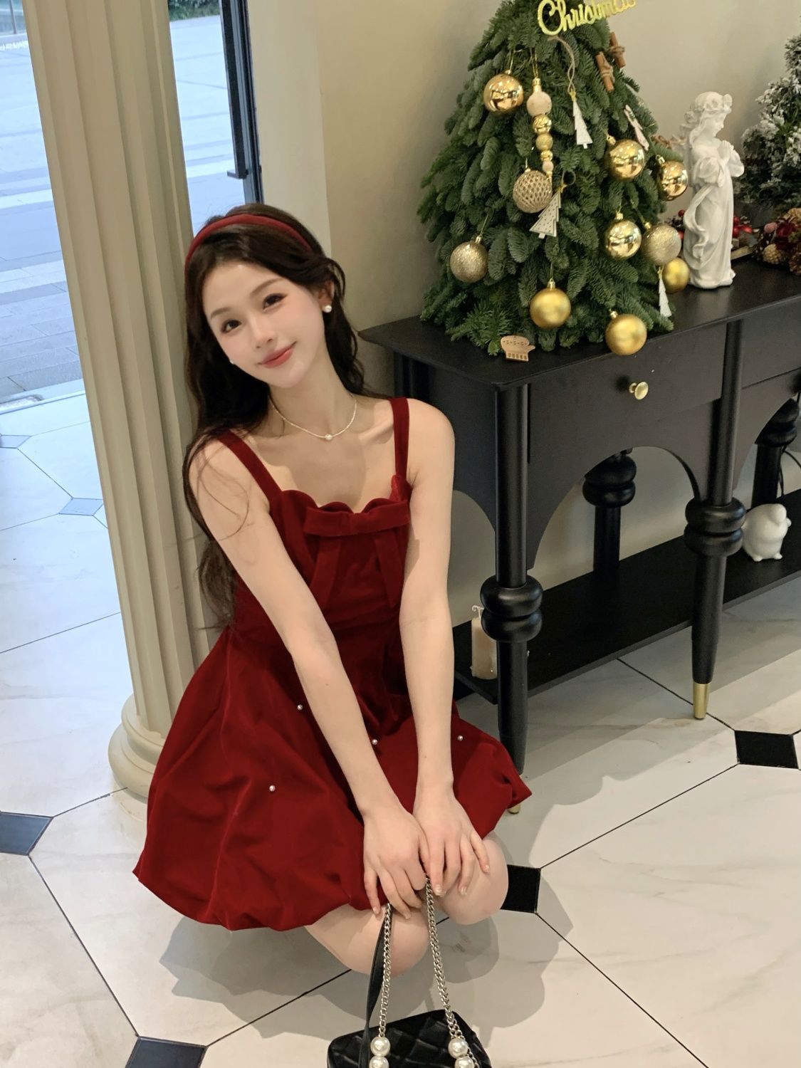 Bow red French velvet suspender dress winter high-end Christmas fluffy princess skirt New Year's shirt