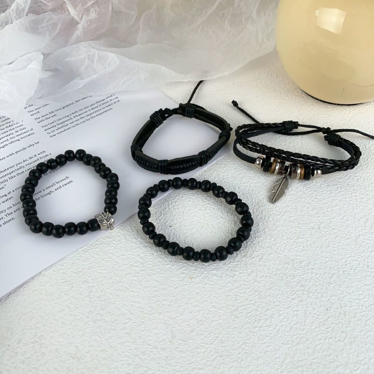 Woven Leather Bead Bracelet Set With Vintage Feather Pendant_voghion.com