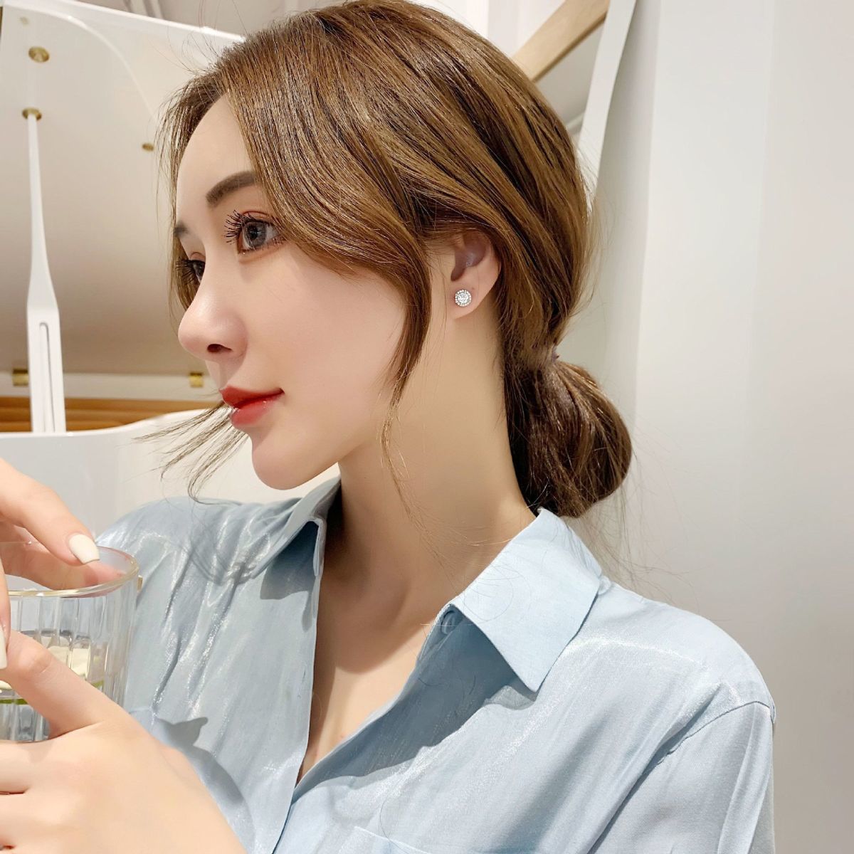 High-end Full Diamond Princess Round Stud Earrings For Women_voghion.com