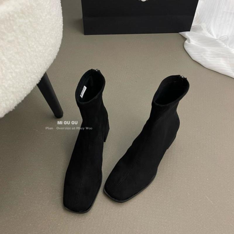 French high-end suede square toe medium heel high heel thick heel short boots for women new spring and autumn single boots short tube slim boots