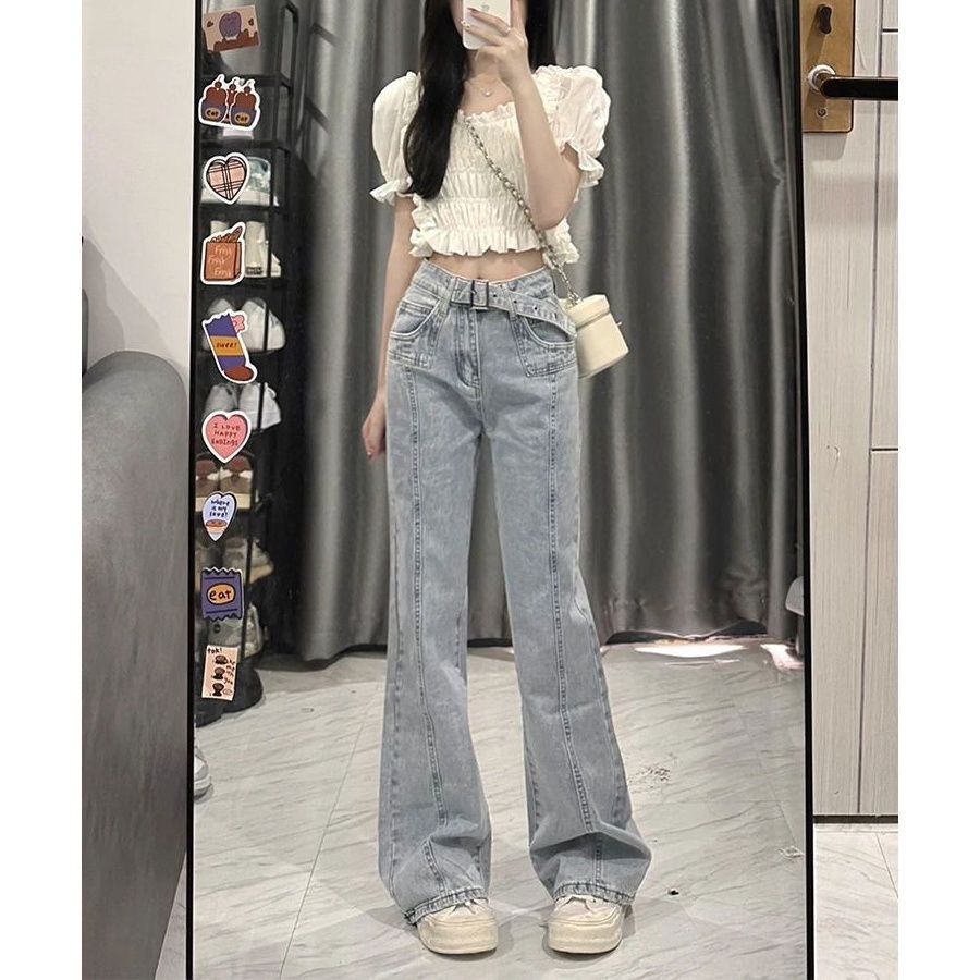 美式復古闊腿褲高街褲子設計感淺色高腰新款微喇牛仔褲女夏季ins