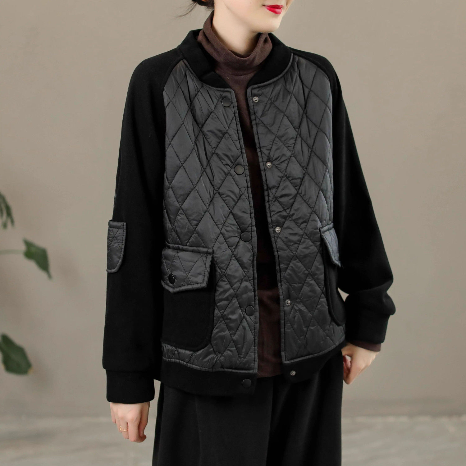 Autumn and winter thickened quilted diamond splicing thin cotton women's jacket Korean style loose design casual jacket baseball uniform