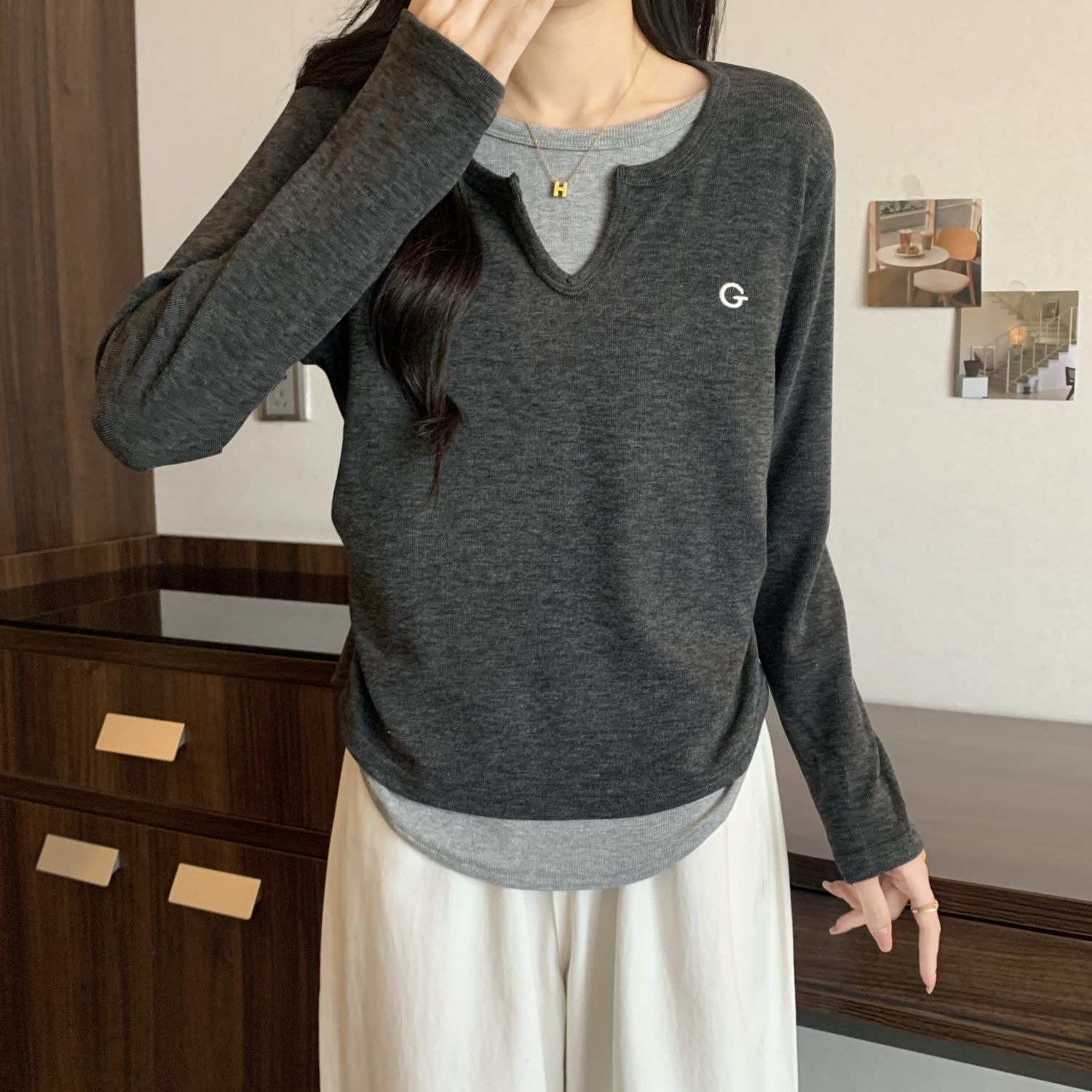 秋冬假兩件長袖T恤女2023新款時尚氣質洋氣ins打底衫寬鬆上衣潮流