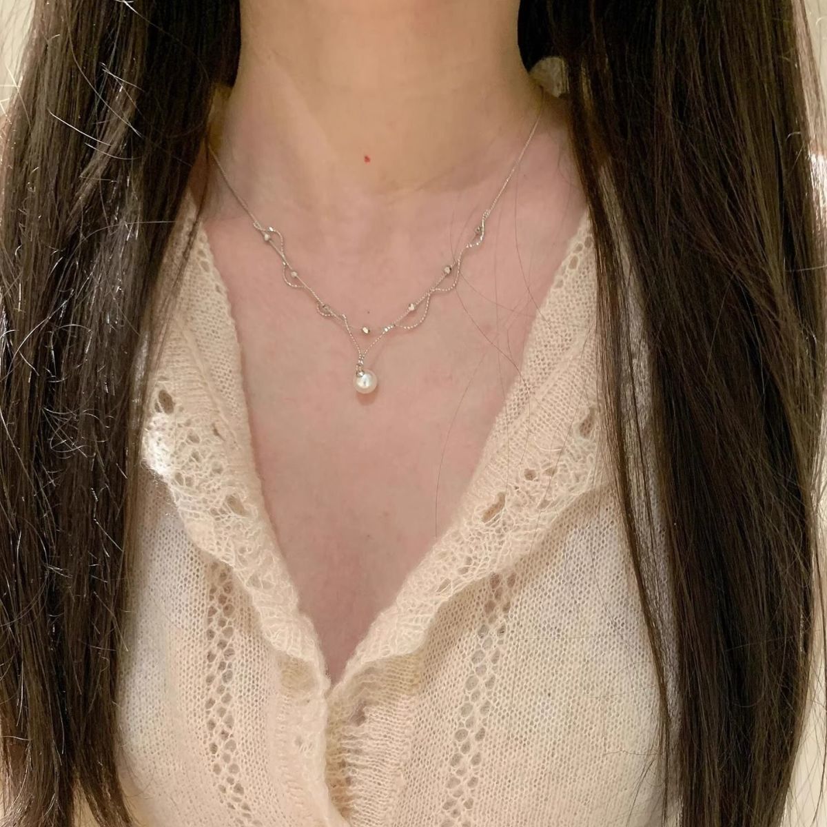 Elegante Silberne Perlen Spitzenhalskette Damen Sommer Luxus_voghion.com