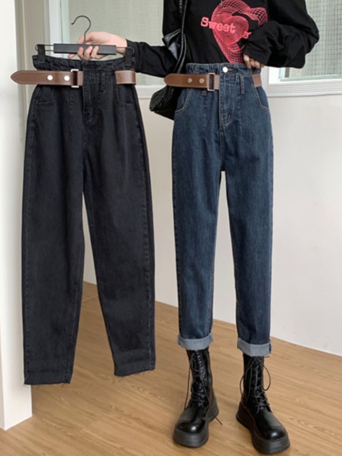 Large size fat mm autumn and winter jeans for women 2023 new straight high waist loose slimming harem pipe dad pants