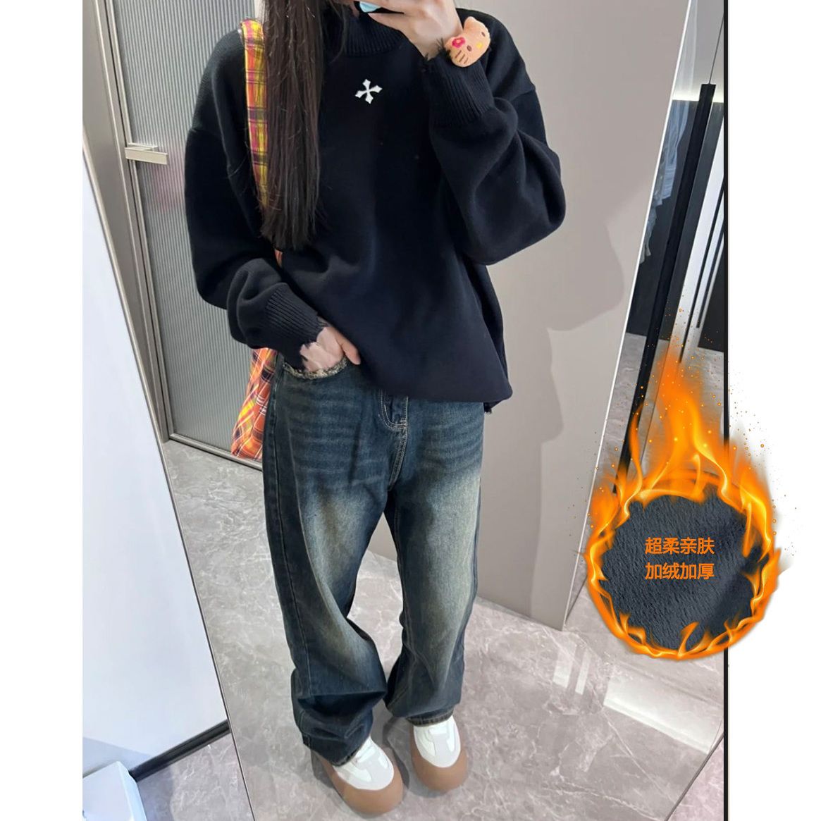 加絨加厚做舊復古藍牛仔褲女冬季洗水設計感潮牌百搭垂感直筒長褲