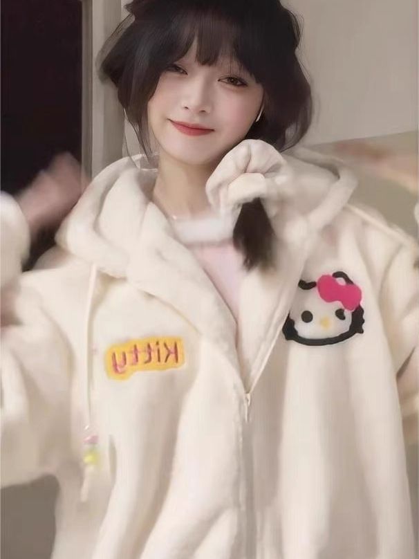 日系可愛卡通KT貓羊羔絨外套女冬季加絨加厚情侶寬鬆連帽保暖棉衣