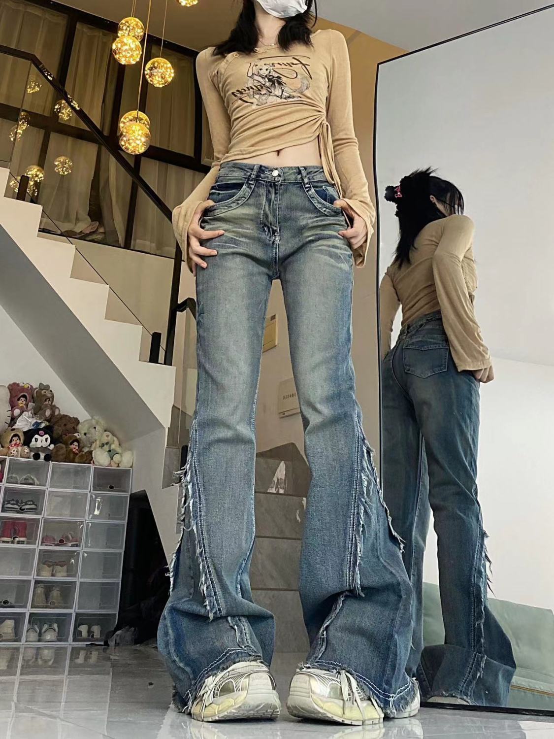 美式復古vibe毛邊設計感微喇牛仔褲女春秋低腰寬鬆顯瘦闊腿拖地褲