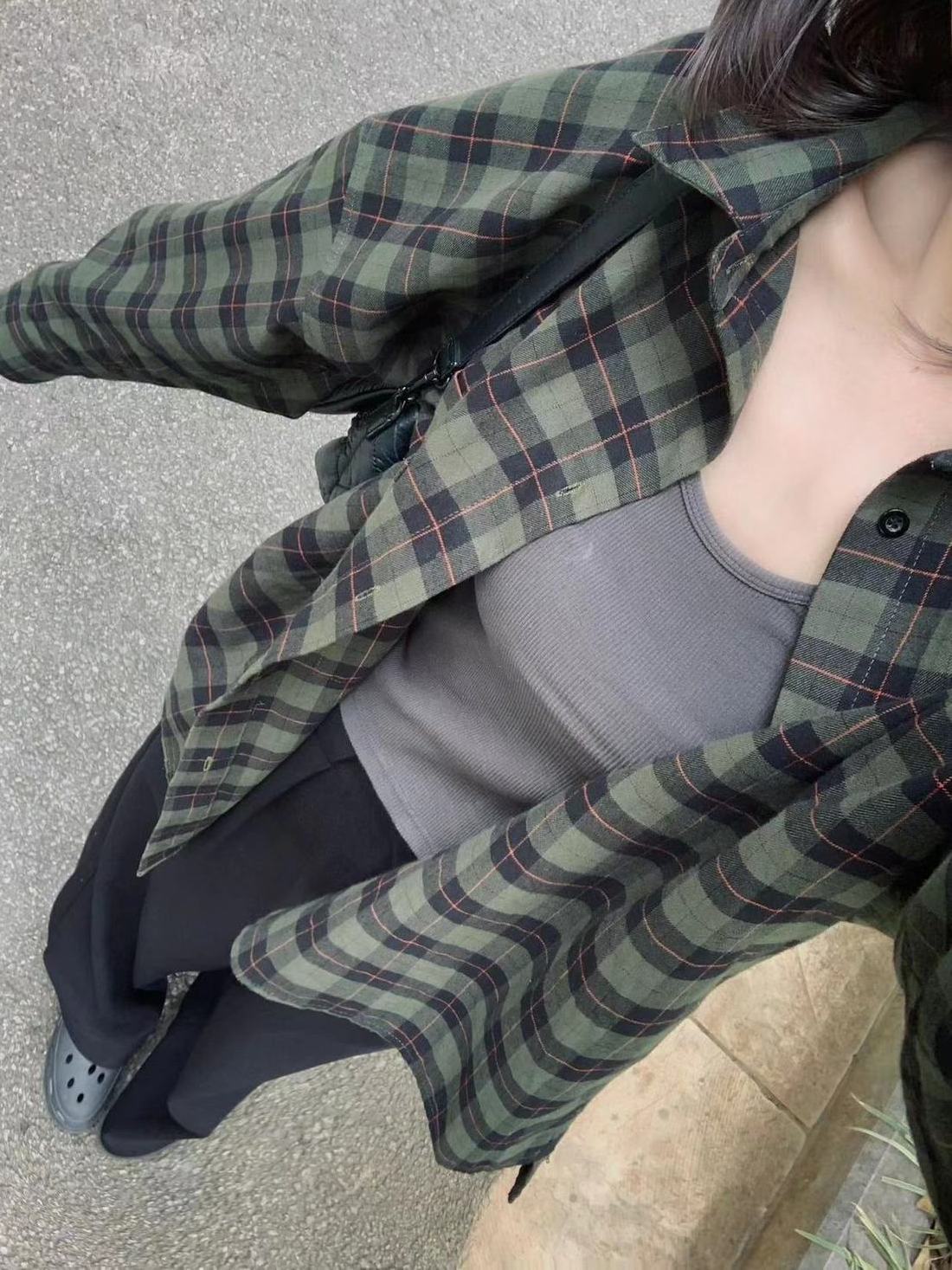 美式chic復古綠色格子襯衫外套女寬鬆休閒顯瘦磨毛襯衣外穿開衫潮