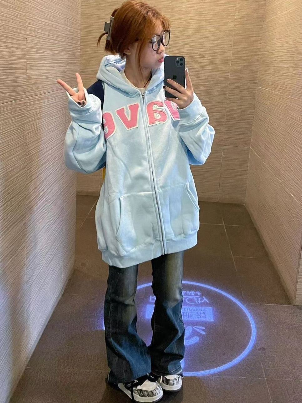oversize皮標刺繡連帽衛衣女秋冬款加絨加厚寬鬆顯瘦保暖拉鏈開衫