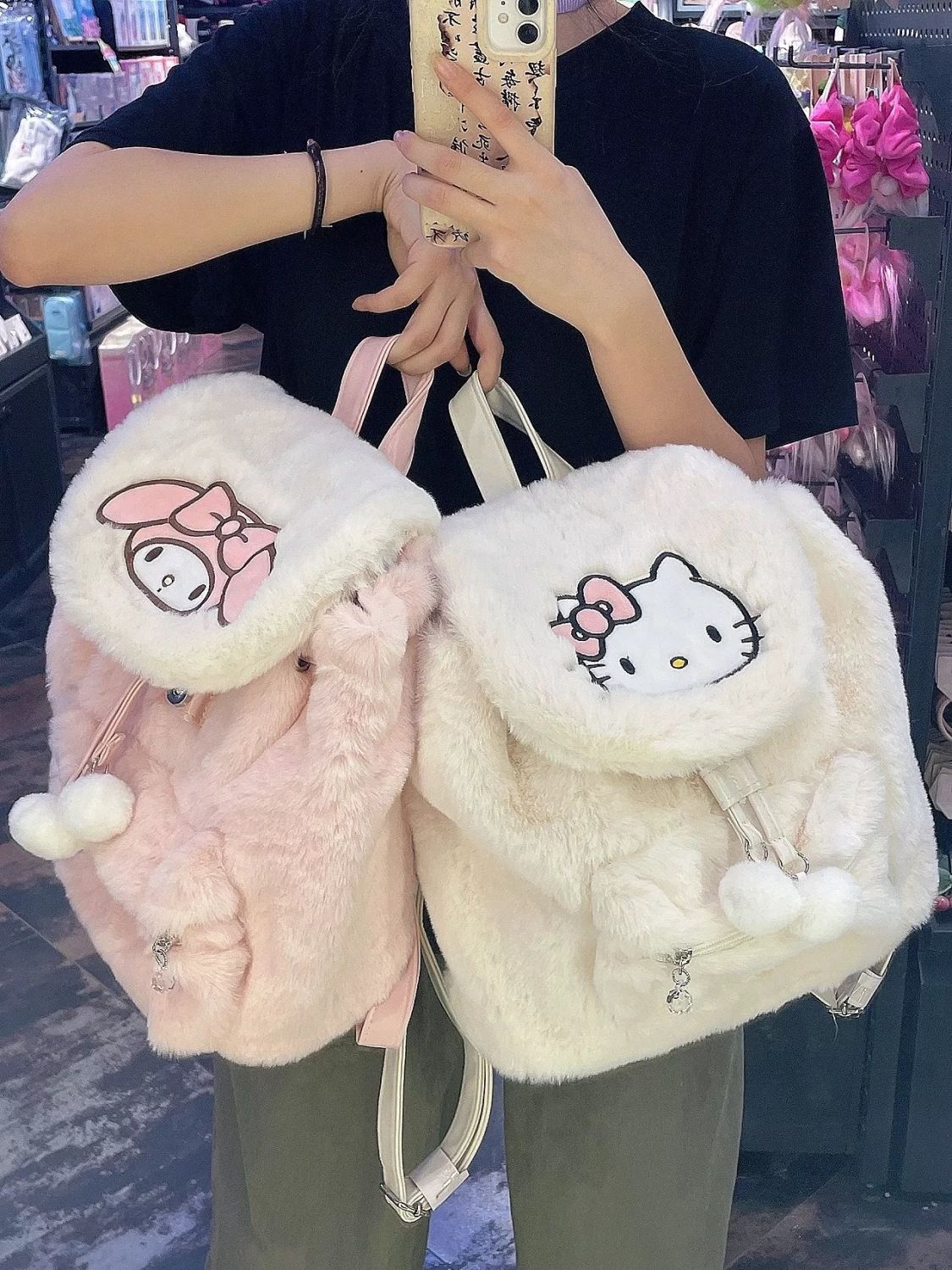 HelloKitty秋冬毛絨翻蓋雙肩包2023新款奶呼呼大容量百搭毛毛背包