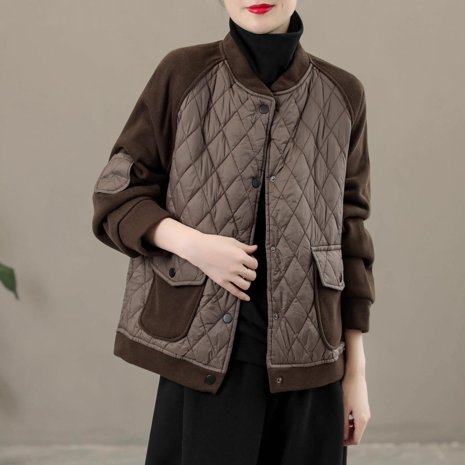 Autumn and winter thickened quilted diamond splicing thin cotton women's jacket Korean style loose design casual jacket baseball uniform