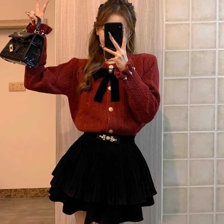 Xiaoxiangfeng bow sweater cardigan for women, high-end, super nice knitted jacket, gentle lady red top