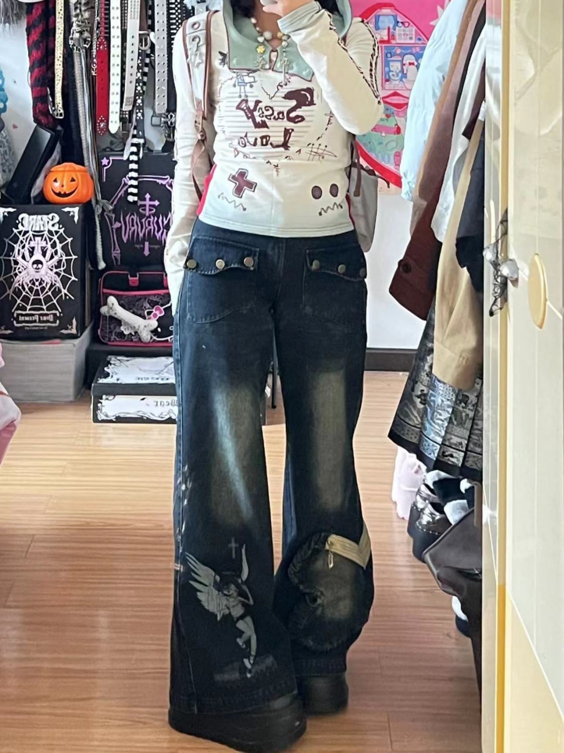 辣妹復古設計印花蝴蝶口袋微叭牛仔褲女春季高腰寬鬆顯瘦闊腿長褲