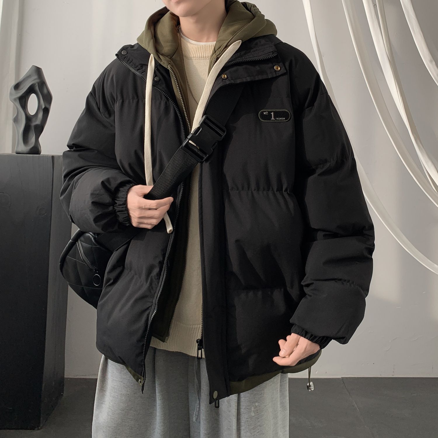 假兩件棉服男冬季寬鬆連帽加絨加厚棉衣外套潮流保暖棉襖高級ins