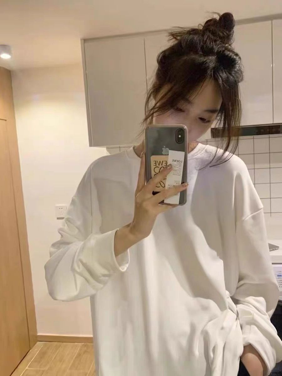 美式復古重磅純棉打底衫內搭有束口長袖t恤女秋季新款寬鬆上衣ins