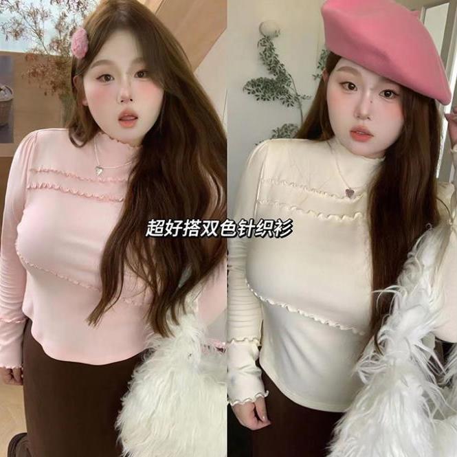 大碼微胖顯瘦針織女2023年秋裝打底衫胖mm秋衣設計感內搭氣質上衣