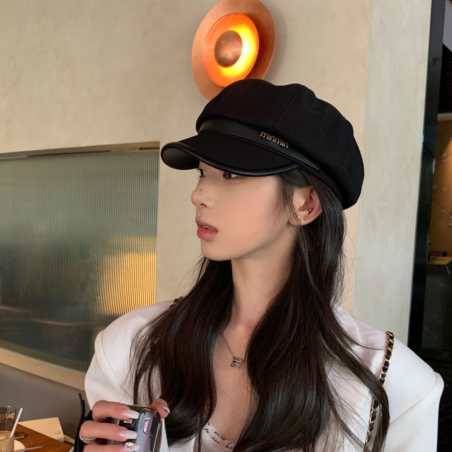 High-end spring and autumn peaked cap for women Japanese black casual retro painter beret showing face small clouds octagonal hat