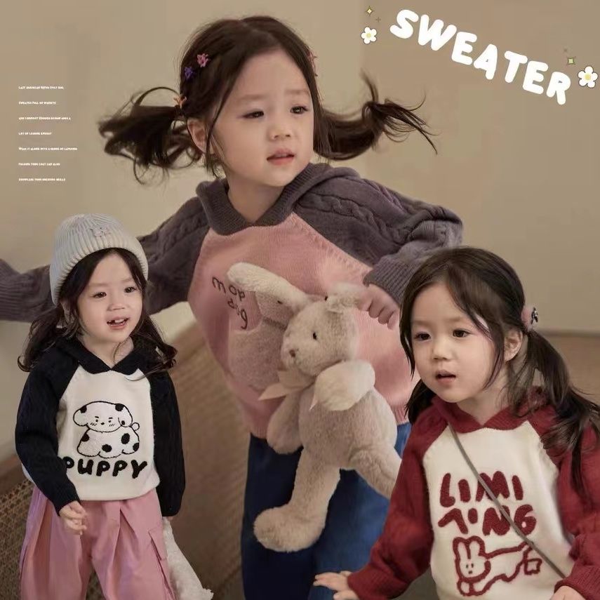 女寶寶毛衣女刺繡插肩袖連帽卡通2023冬季新款嬰兒加厚保暖針織衫