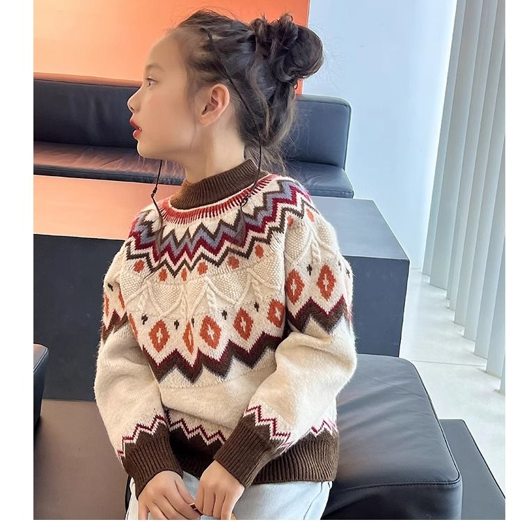 童裝女童復古毛衣兒童針織衫上衣秋冬裝新款女大童加厚提花打底衫