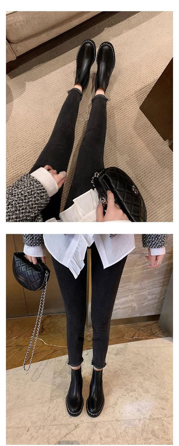 Castle Secret Realm~ Sweet And Cool Small Fragrant Wind Chain Tall Knight Boots Women's Leather Thick Heel But Knee Black Long Boots_vogvips.com