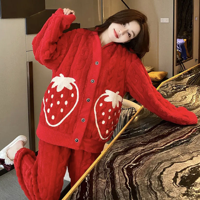 珊瑚絨睡衣女秋冬2023年新款加厚加絨法蘭絨紅色本命年家居服套裝