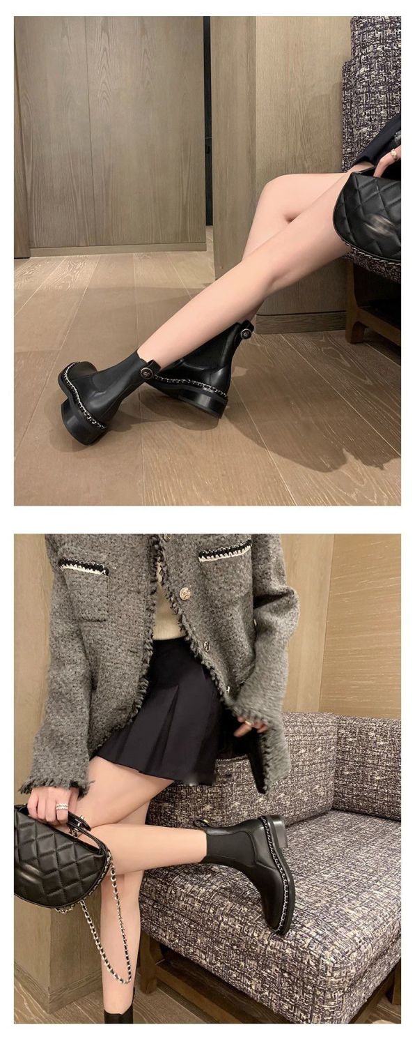 Castle Secret Realm~ Sweet And Cool Small Fragrant Wind Chain Tall Knight Boots Women's Leather Thick Heel But Knee Black Long Boots_voghion.com