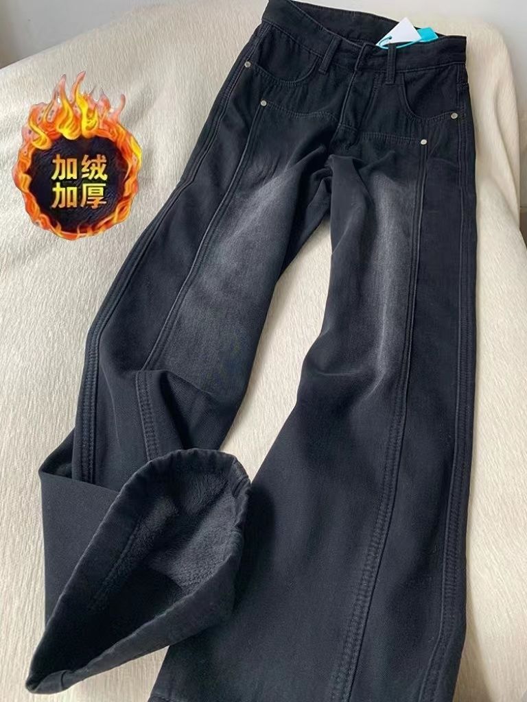 復古ins黑灰色小個子高腰牛仔褲女秋冬加絨款寬鬆垂感顯瘦直筒褲
