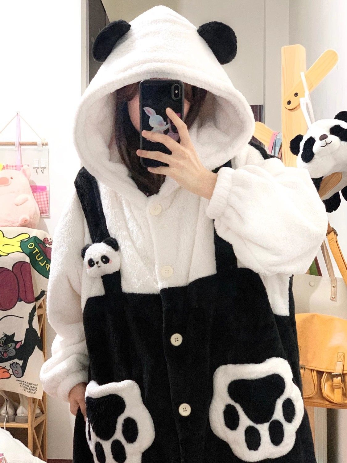 連帽可愛熊貓珊瑚絨睡袍女冬季2023新款法蘭絨加厚保暖睡衣家居服
