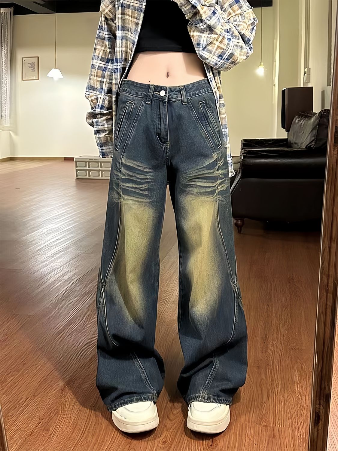高街復古水洗做舊闊腿牛仔褲女春季設計感高腰寬鬆垂墜感直筒褲潮