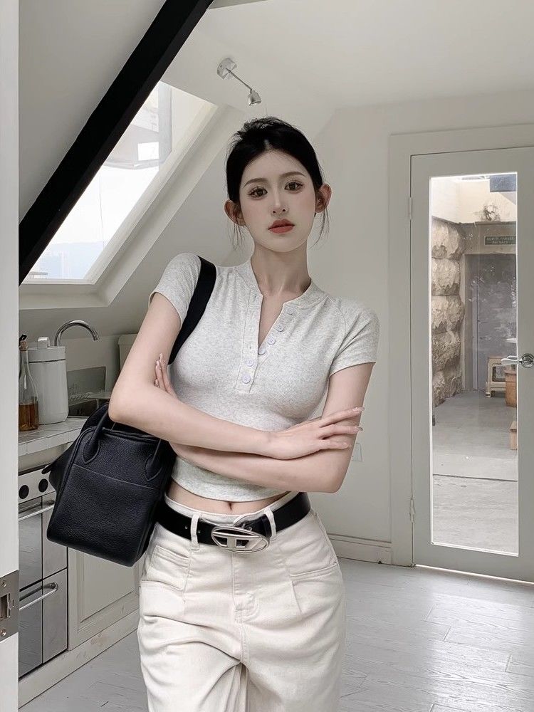 美式辣妹短袖螺紋T恤女夏季新款設計感小眾修身高腰露臍短款上衣
