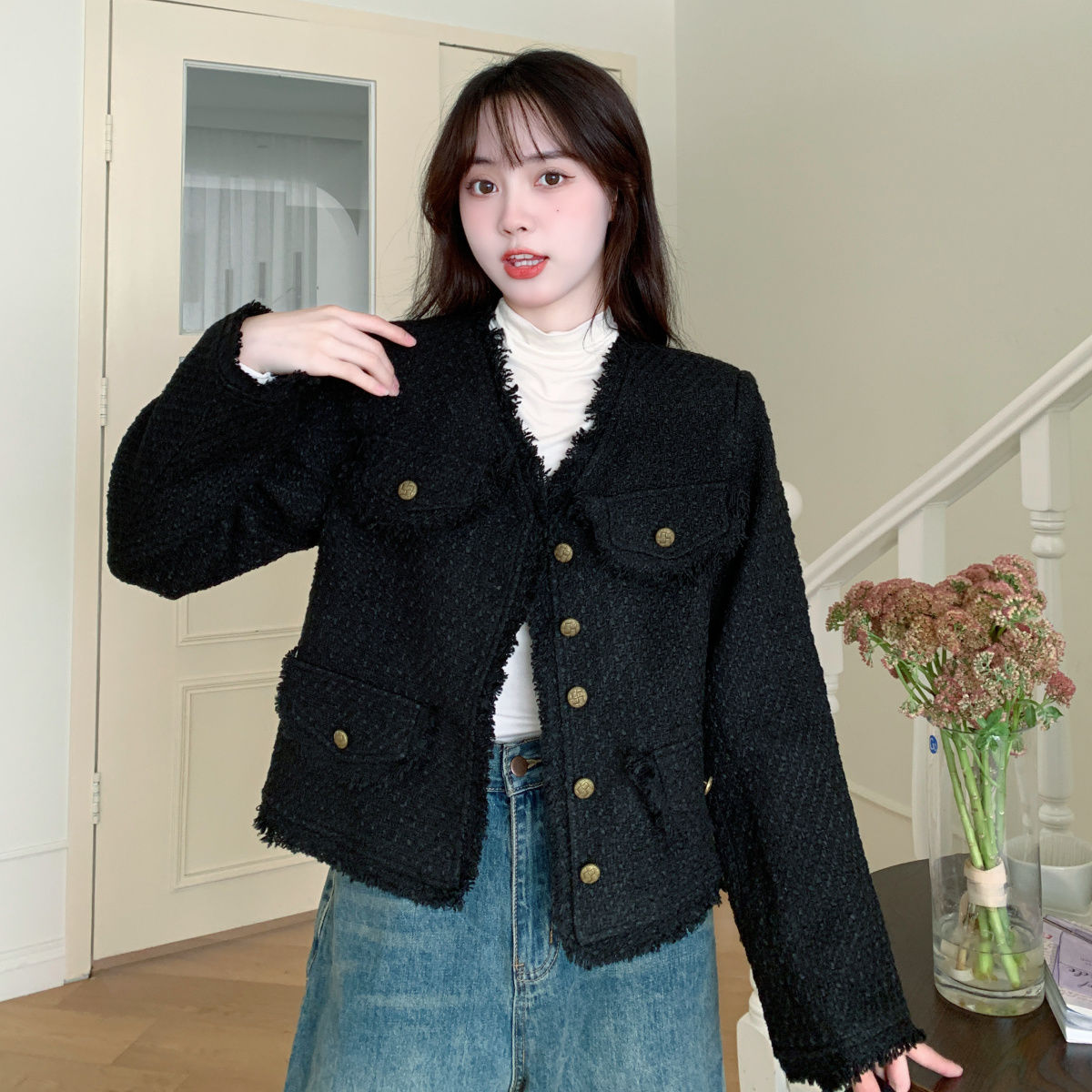 大碼氣質小香風黑色外套女秋新款小眾長袖別致短款chic開衫上衣潮