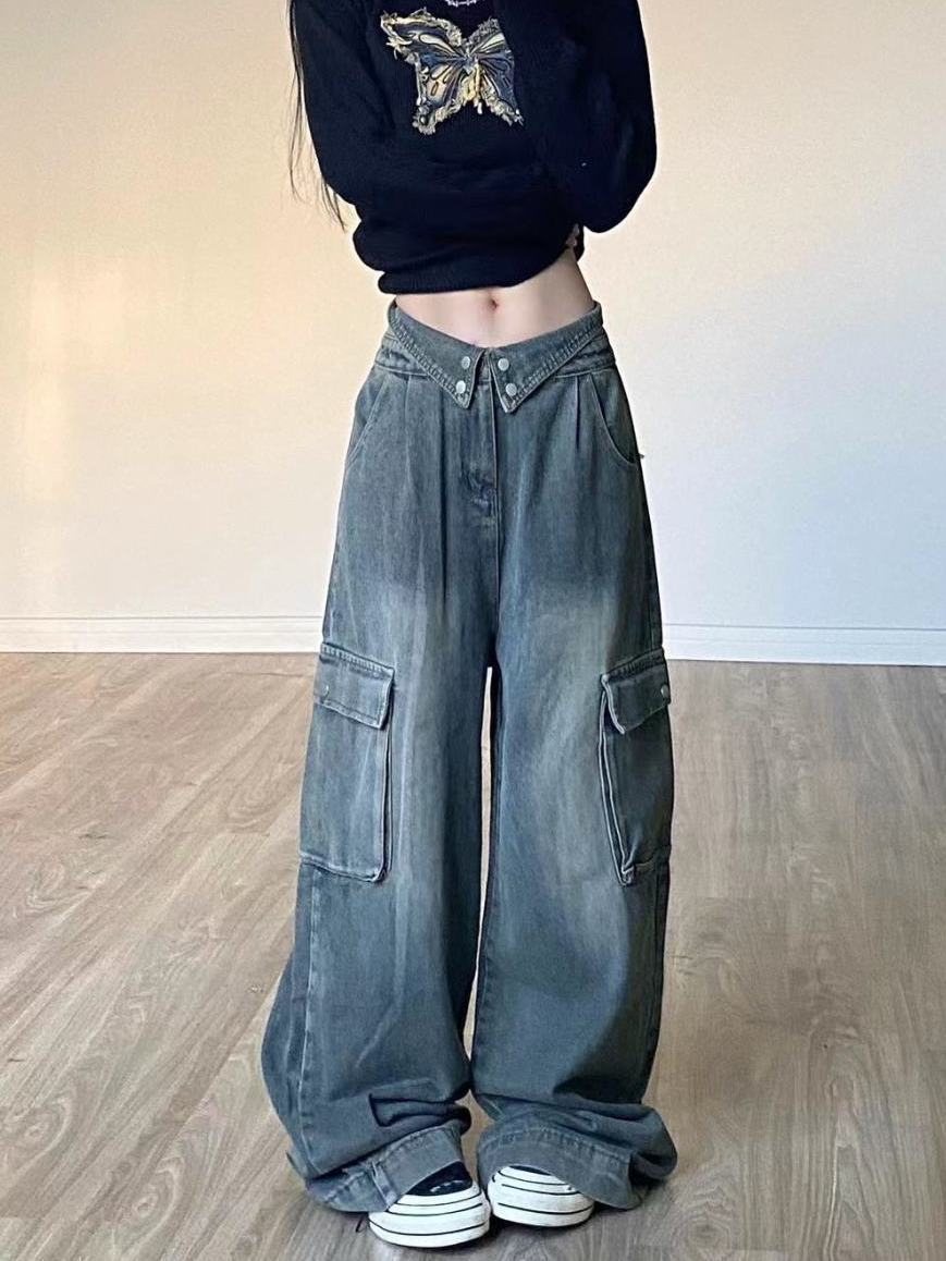美式復古翻邊工裝牛仔褲女秋冬高街設計感直筒寬鬆顯瘦闊腿拖地褲