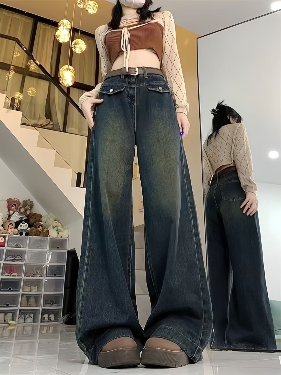 美式復古高街闊腿牛仔褲女秋季小個子高腰顯瘦寬鬆垂感直筒拖地褲