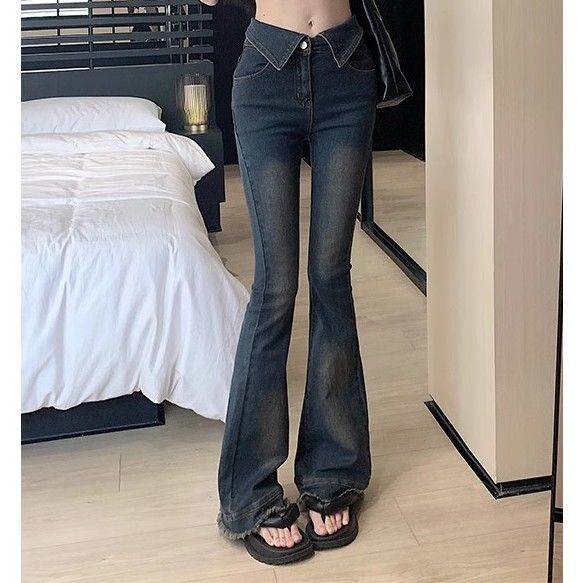 辣妹復古翻邊牛仔褲女美拉德小個子修身彈力微喇叭褲拖地馬蹄長褲