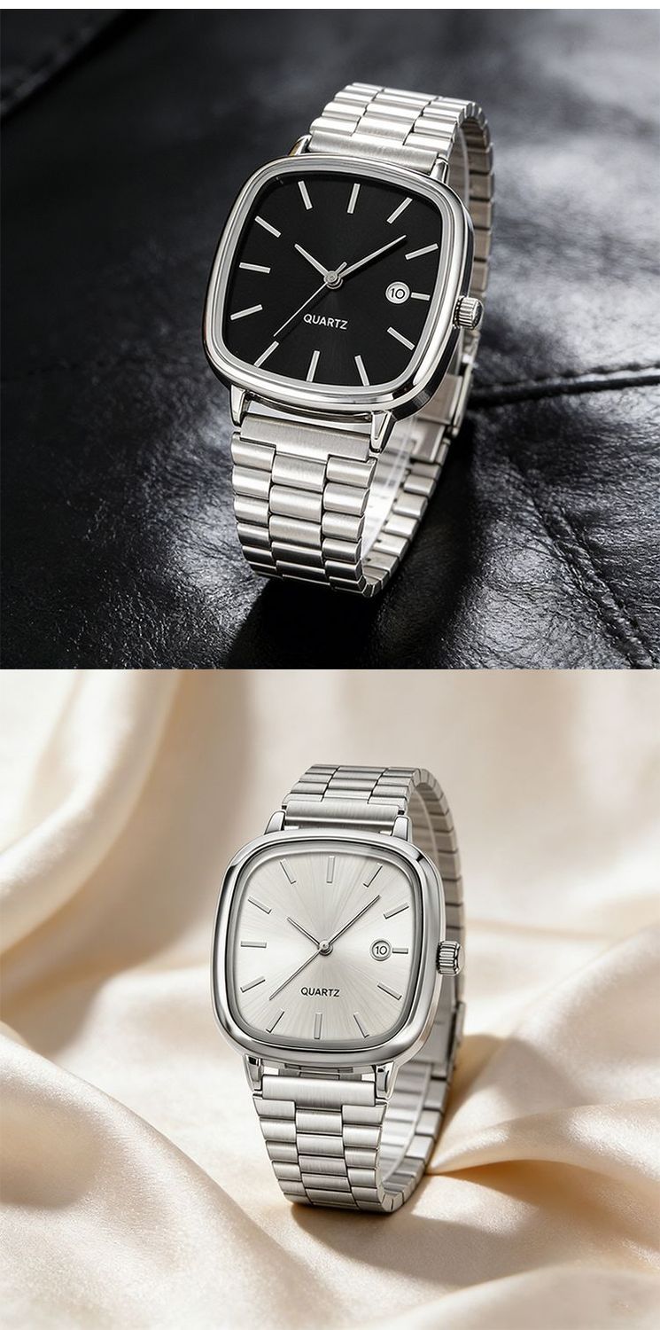 2025 New Model Couple Commuting Quartz Wristwatch, Unisex Simple Rectangular Dial, Metal Strap, Date Display_voghion.com