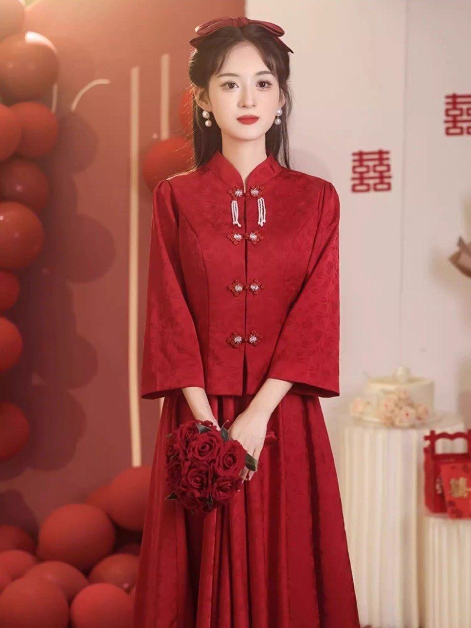 中式敬酒服新娘新款秋冬季长袖旗袍长款复古订婚礼裙女高级感