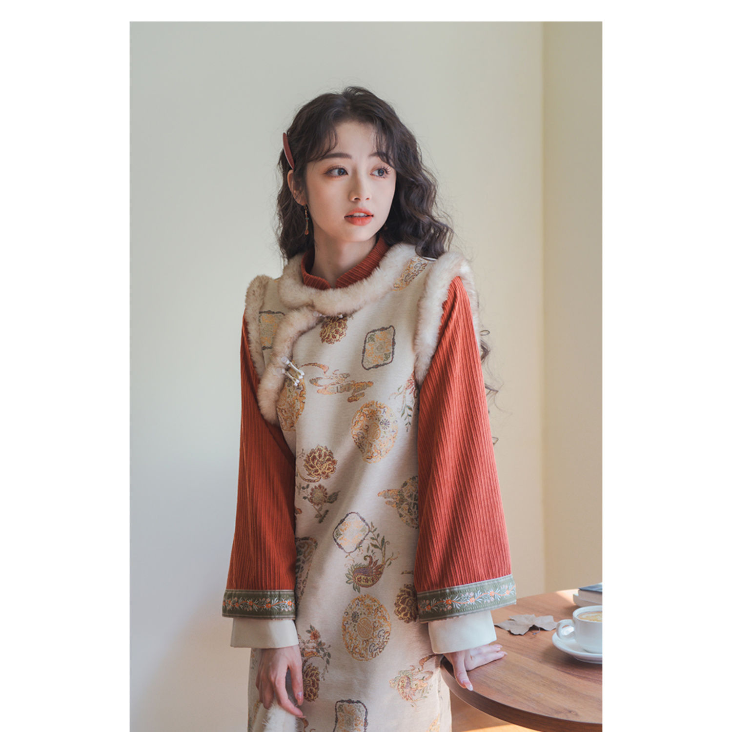 【宮牆雪】絕美氣質秋冬旗袍馬甲新中式紅色連衣裙女國風套裝加厚