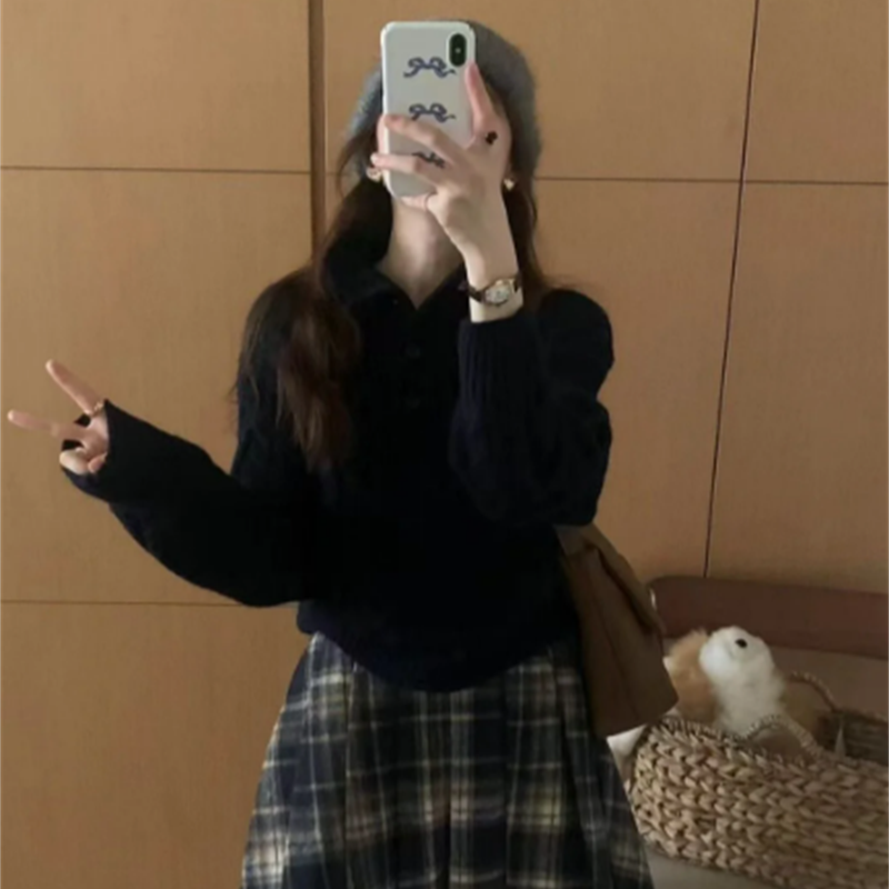 秋冬季韓版慵懶風小眾設計外穿針織衫上衣女+a字復古格紋半身裙潮