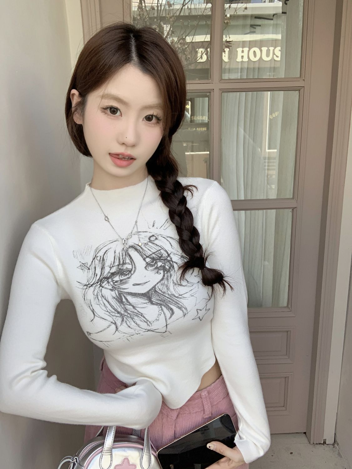 高領長袖T恤秋季卡通印花辣妹修身顯瘦短款不規則打底上衣ins潮流