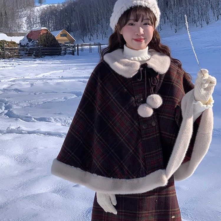 罐頭士多所 聖誕紅格子英倫風毛呢斗篷短外套女秋冬a字半裙兩件套