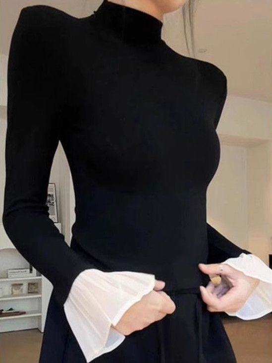 黑色半高領磨毛打底衫女秋冬季高級感修身顯瘦內搭長袖T恤上衣ins