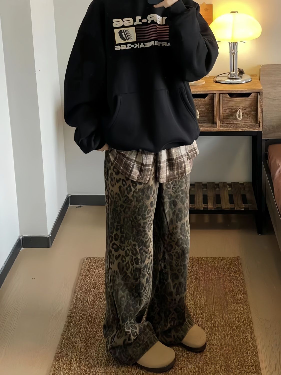 美式高街vibe復古豹紋闊腿牛仔褲女秋冬設計感高腰寬鬆顯瘦直筒褲