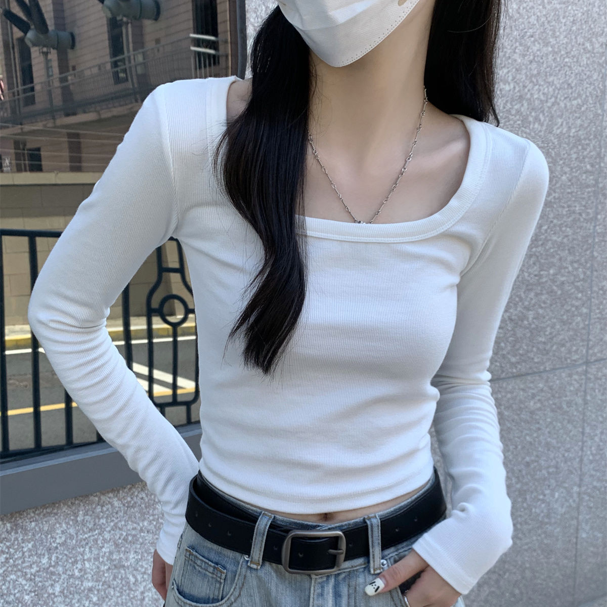 德絨韓版修身方領百搭打底t恤女裝秋季溫柔風設計感長袖上衣體恤
