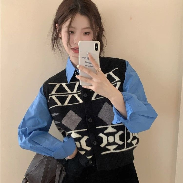 Atmosphere retro geometric pattern knitted vest for women autumn and winter niche design layered sleeveless cardigan sweater