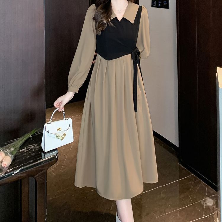 法式桔梗假兩件套長袖連衣裙女春秋季大碼新款高級氣質女神范長裙