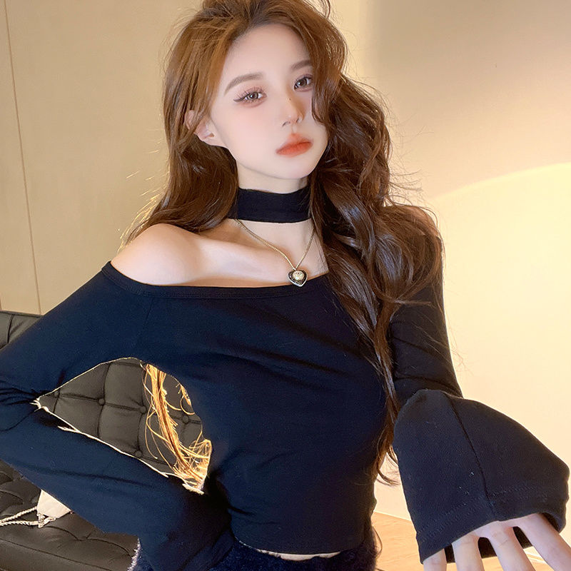 純欲辣妹莫代爾掛脖一字肩上衣女秋冬設計小眾獨特别致打底衫內搭