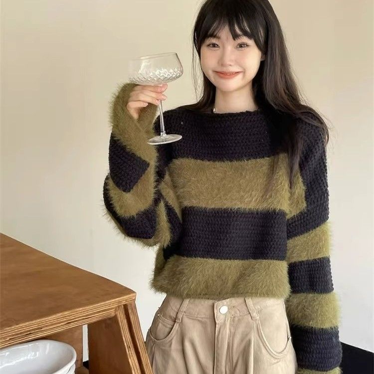 韓版小眾別致條紋撞色毛衣女秋冬短款軟糯設計感復古寬鬆針織上衣